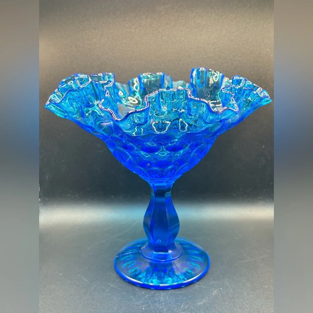 Vintage Fenton Blue Ruffle Thumbprint Glass Pedestal Candy Dish Compote Tazza